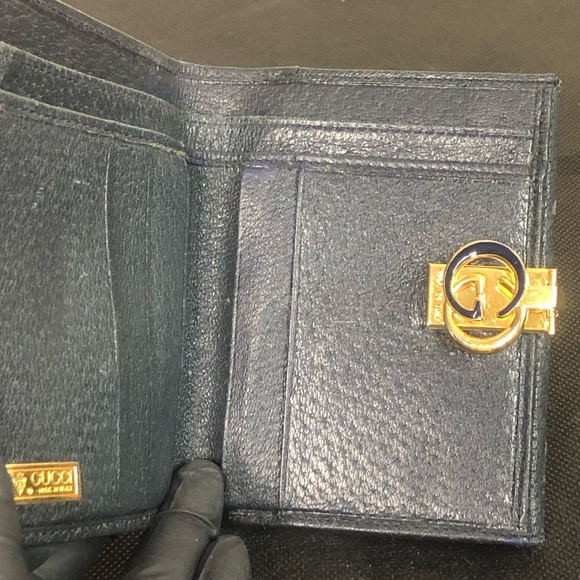 GUCCI GG Web Monogram Navy Blue Leather Coated Canvas Compact Bifold Wallet - Picture 6 of 17